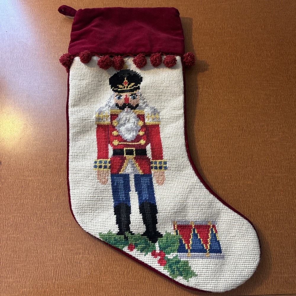 Vintage Nutcracker Needlepoint‎ Christmas Stocking Velvet Back & Trim Lined